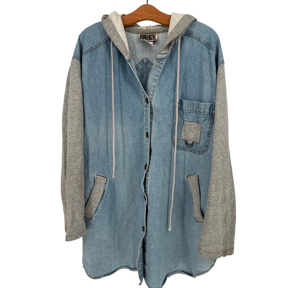 Vintage 90s Grunge Denim Hoodie Jacket, Forenza Size 1X, Button Up